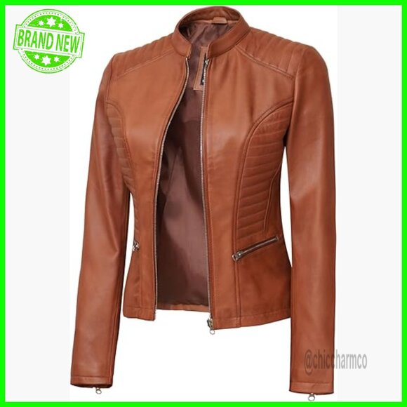 Lambskin Leather Jacket Regular Fit Quilted Shoulders Zipper Closure